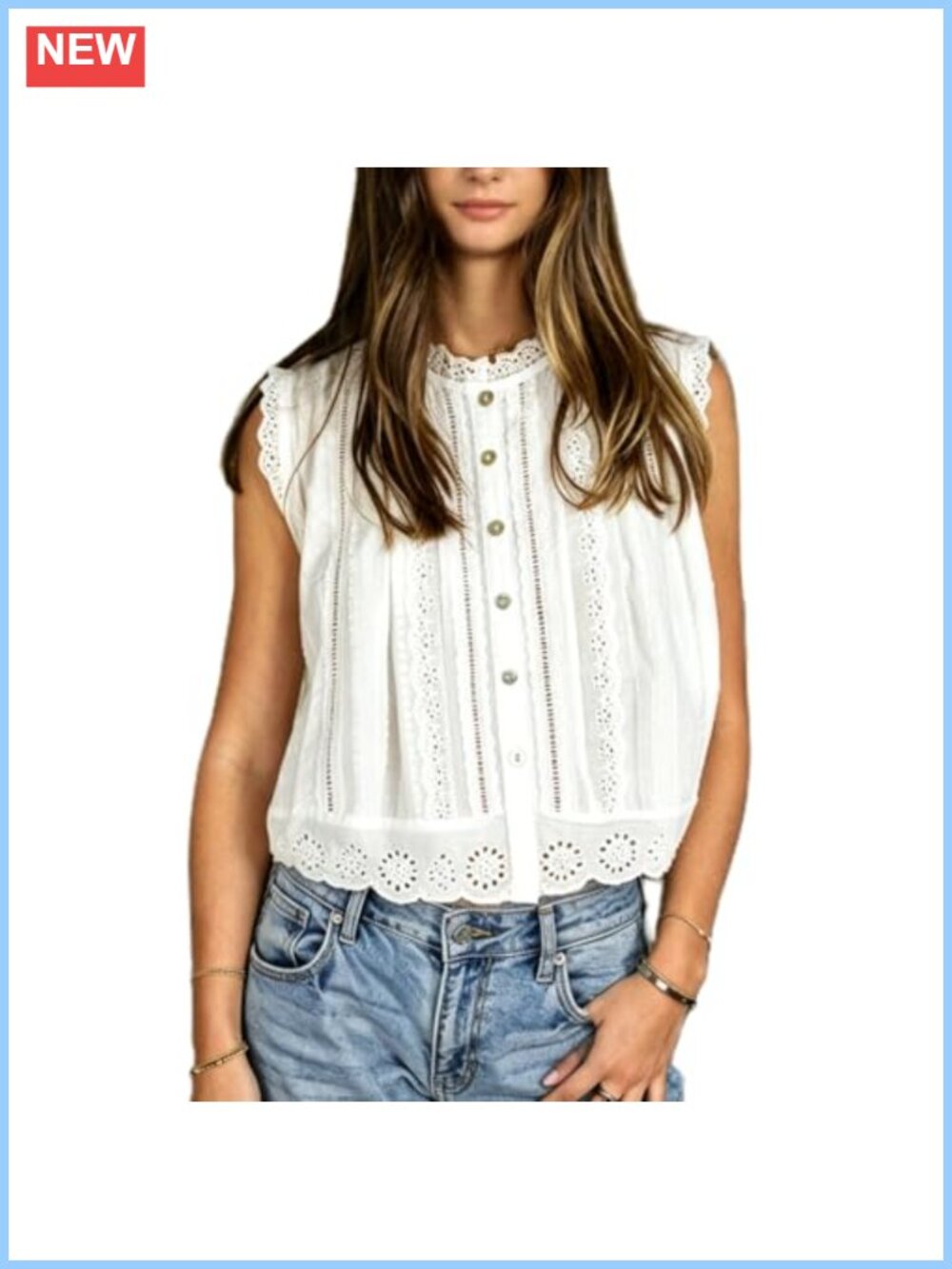 Y2K Semi Sheer Sleeveless Cropped Blouse Eyelet Embroidery Lace Trim Mock Neck